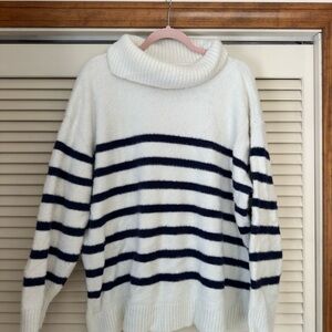 Lands' End Navy and White Striped Turtleneck Sweater